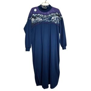 Vintage 80s Polar Bear Casual Sweater Dress Womens L Blue Oversized Fleece Lined